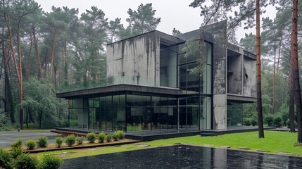 A modern house with concrete as material, rainy weather