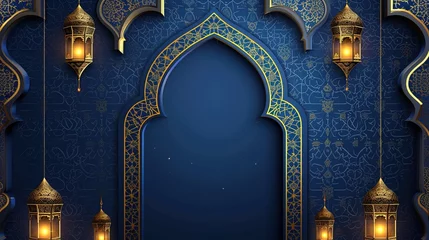 Foto op Plexiglas Eid Mubarak Islamic festival background with Mosque window and islamic decorations - AI Generated  © Curva Design