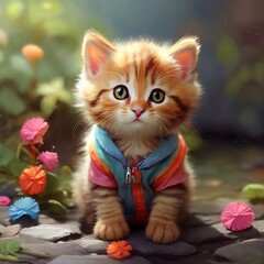 Cute little cat wearing a t shirt in a colorful background.