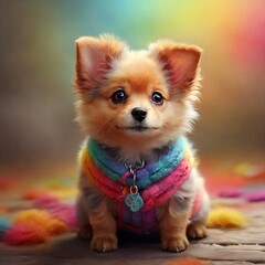 A little dog in a colorful background, A little puppy wearing a collar.