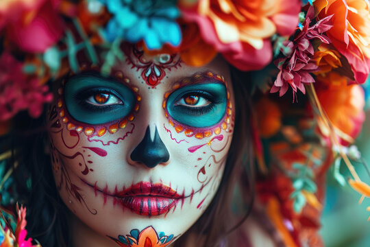 woman with sugar skull face paint makeup for day of the dead or halloween