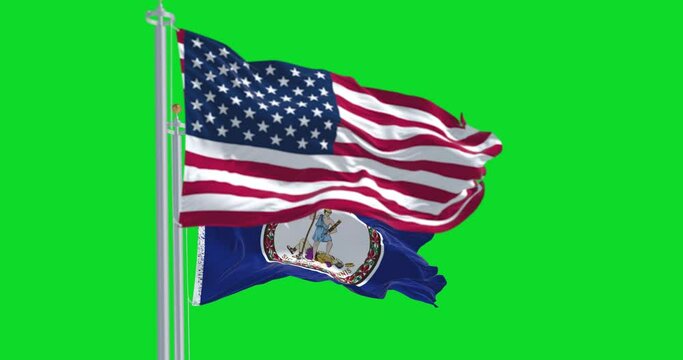 Virginia state flag waving with the american flag isolated on green background