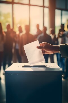 Diverse hands voting at polling station as right to vote democracy holding blank decision document