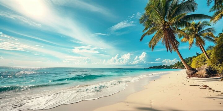 Beautiful beach with white sand, ocean, green palm trees and blue sky with clouds on Sunny day. Summer tropical landscape, panoramic view.