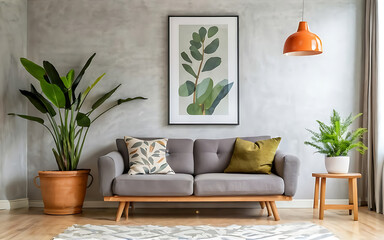  Rustic sofa and side table, potted houseplants against wall with poster, scandinavian home interior design of modern living room.