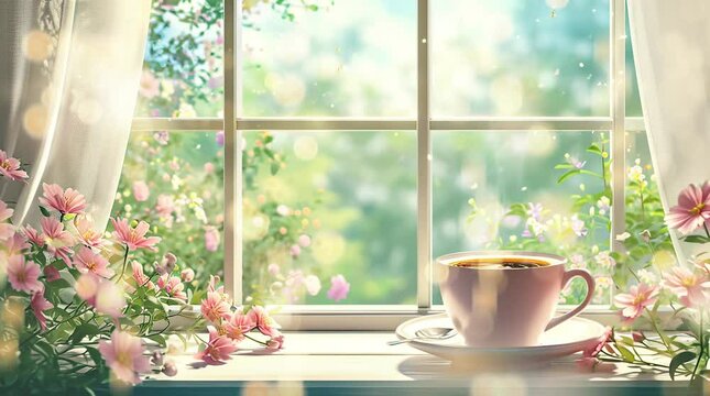 Cup on the window Seamless looping 4k time-lapse virtual video animation background. Generated AI