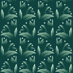Elegant seamless pattern in classic style with green leaves. Delicate green colours gradient on dark green background. Art nouveau vintage floral design. For printing wallpaper, giftpapers, textile