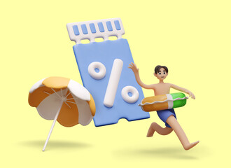 Boy runs along beach with inflatable circle. Concept of discounts for holidays in tropical country. Tours at reduced prices. Vacation voucher. Creative poster in cartoon style