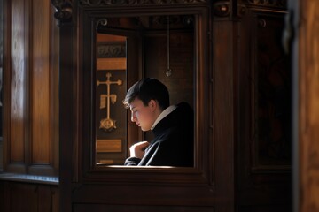 Devoted Young Priest Listens Carefully In Sacred Confession Booth - obrazy, fototapety, plakaty