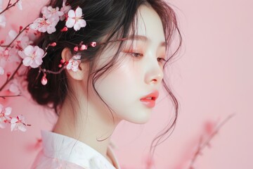 Graceful Korean Lady Poses Against Vibrant Pink Background