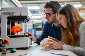 Biomedical Engineers Discussing 3D Printed Brain Model Near 3D Printer