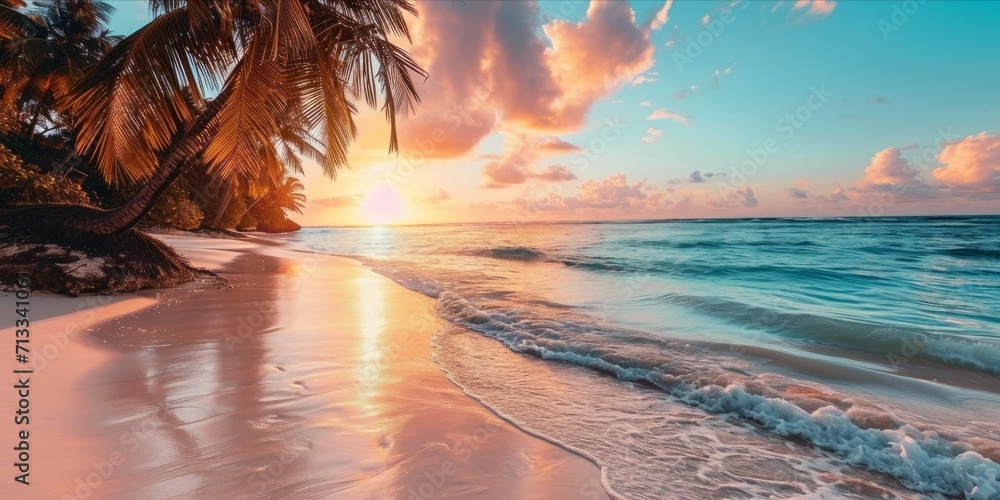 Wall mural Tropical sunset on the beach. Seascape with palm trees