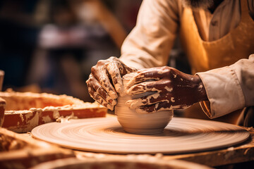 Close up of an african american man's hands making a pottery vessel in a pottery workshop. He is using an apron. Generative AI - obrazy, fototapety, plakaty