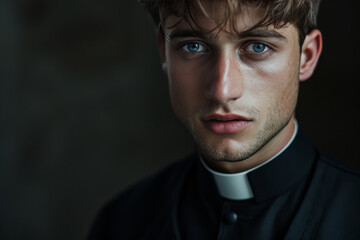 Fototapeta premium Captivating Portrait Of A Handsome Young Priest In Dramatic Lighting
