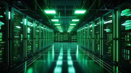 A modern high-tech data center with several rows of working servers in one room. Big data. Generative AI