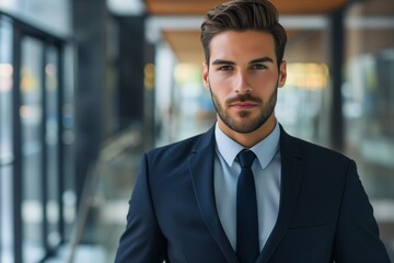 Fototapeta premium Determined Young Businessman Engages Camera With Unwavering Eye Contact