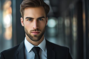 Fototapeta premium Confident Young Businessman In Professional Attire Maintains Direct Eye Contact With Camera