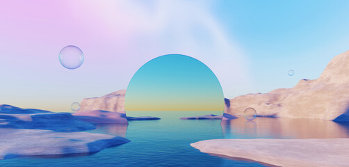 Fototapeta na wymiar 3d Render, Abstract Surreal pastel landscape background with architecture and geometric, beautiful gradient sky scene, lake with clam water, minimal concept.