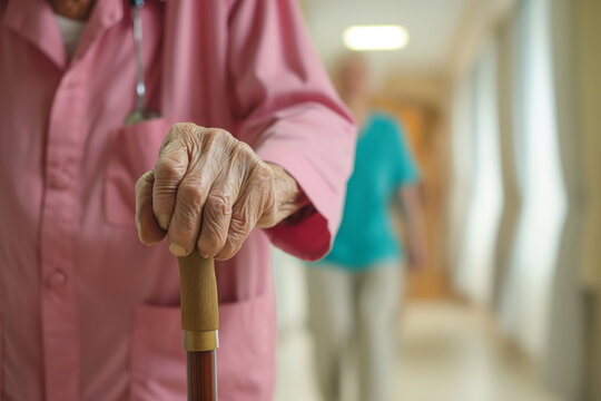 Elderly Patient Relies On Compassionate Nurse For Steady Support With Cane