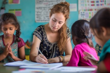 Female Educator Instructing Young Students In Multicultural Classroom In India