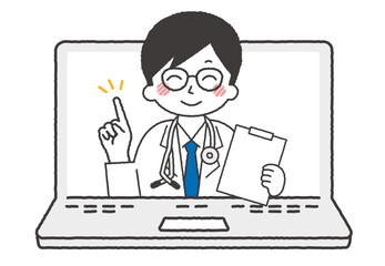 パソコンでオンライン診療をしている男性医師。指を刺して説明しているイラスト。