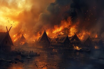 Viking Pillage And Arson Ravages Medieval Village, Inflicting Chaos And Devastation - obrazy, fototapety, plakaty