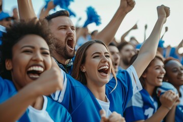 Energetic Sports Enthusiasts, Donned In Blue And White, Root For Their Beloved Football Team