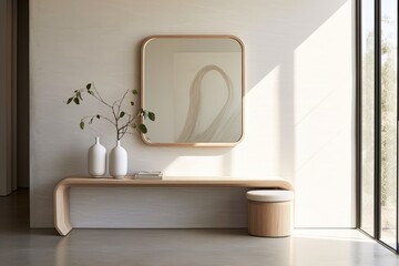 Minimalist entryway with a stylish console table, mirror, and functional seating for a welcoming atmosphere