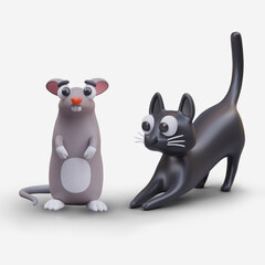 Cute little mouse and black cat. Cute kitten and gray rat in cartoon style concept. Decorative animals for Halloween celebration. Vector illustration in 3d style