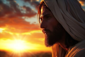 Jesus Christ Portrayed In White Robe During Breathtaking Sunset