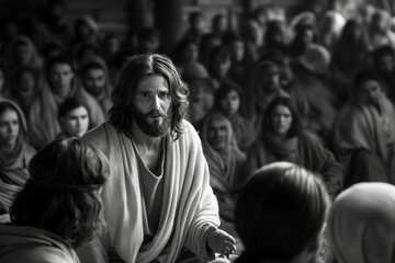 Fototapeta premium Jesus Giving Sermon, Teaching And Inspiring Crowd With Divine Wisdom