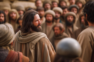Jesus' Back View During A Gathering Of Disciples, Sharing Profound Spiritual Teachings