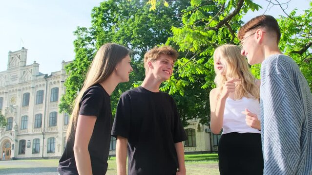Upbeat group of student friends discussing common topics standing in courtyard of educational institution. Teenagers converse and enhance relationships