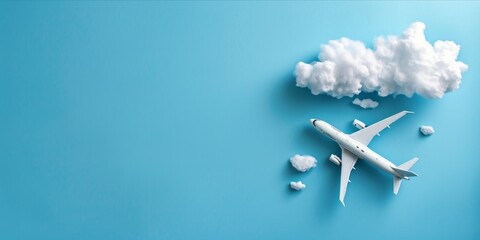 Naklejka na ściany i meble Airplane and cloud on blue background. Travel and vacation concept. copy space for text