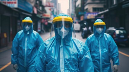 Overwhelmed healthcare workers and scientists in protective suits in the process of fighting the virus and solving problems with the pandemic - obrazy, fototapety, plakaty