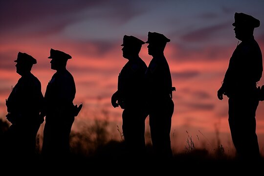 Police Officers Silhouetted By Sunset, Symbolizing Unity And Dedication