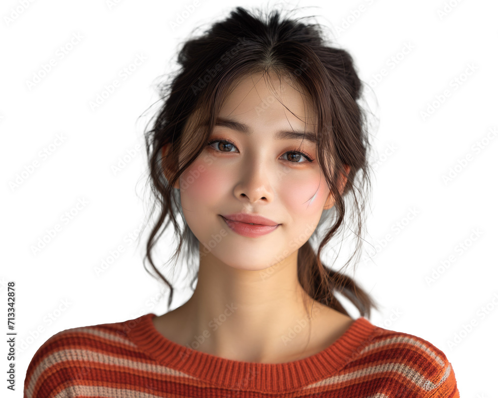 Wall mural excited asian woman wear a red striped shirt showing blank space aside over white background,