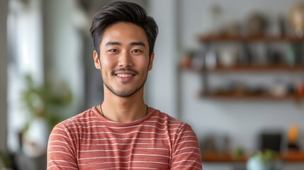 Obraz premium Excited Asian Man wear a red striped shirt Showing Blank Space Aside Over White Background