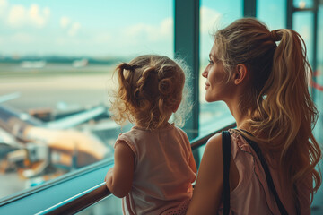 Fototapeta na wymiar A mom and her little daughter are waiting for their flight at a large international airport.