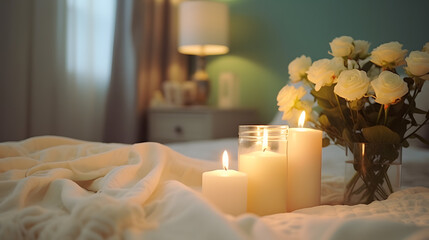 Fototapeta na wymiar Soft Candle Glow on Bed with Fresh White Flowers