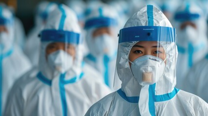 Overwhelmed healthcare workers and scientists in protective suits in the process of fighting the virus and solving problems with the pandemic