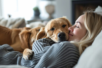 Woman Happily Playing With Dogs, Enjoying Their Company Indoors On Couch