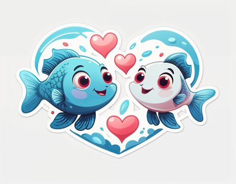 The image depicts two cartoon fish with smiling faces, surrounded by a heart shape made of water. They are facing each other and surrounded by two hearts.