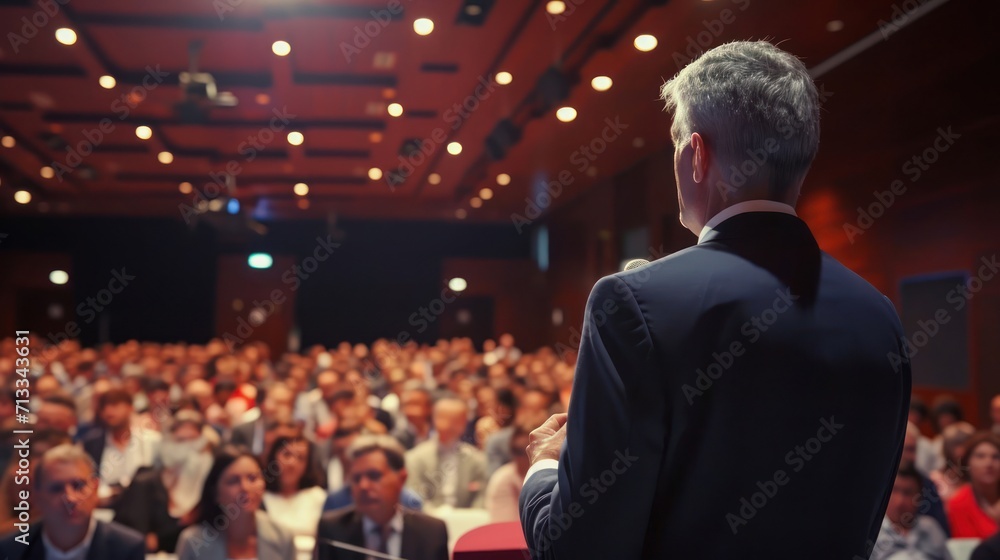 Aufkleber man standing in front of an engaged crowd at a business conference generative ai