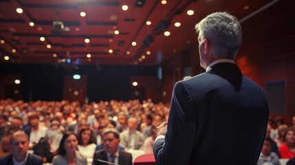 Fototapeta premium Man Standing in Front of an Engaged Crowd at a Business Conference Generative AI