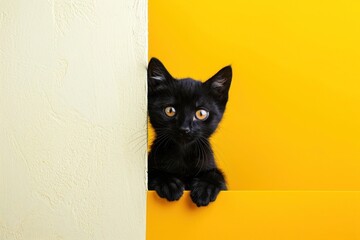 An adorable black kitten with bright eyes peeks out curiously from behind a cream and yellow split background..