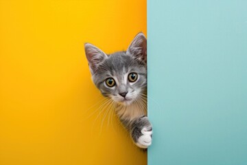A playful bicolor kitten with soft grey and white fur curiously peeks around a corner against a yellow and grey background.