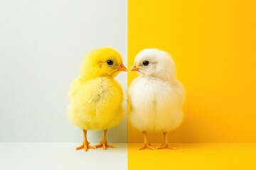 Two fluffy yellow easter chicks, looking like twins, are perched side by side against a sharp yellow and white background.