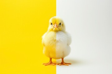 The cute and fluffy yellow and white feathers of a young chick shine in contrast to the clean white and yellow parts of the background. Two colored easter chick