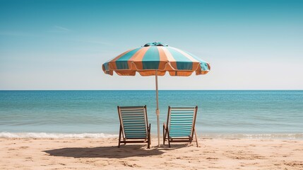 An umbrella from the sun and two deckchairs on the sandy coast